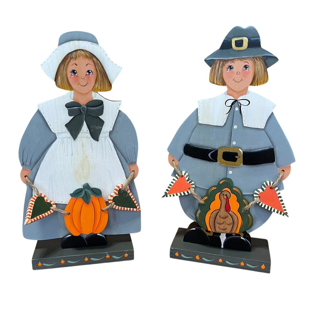 Vintage Wooden Handmade Thanksgiving Pilgrim Set‎ Shelf Sitters Signed Cornelius